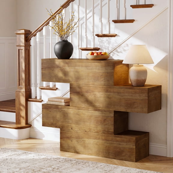 Finmind 43.3" Solid Wood Console Table, 4-Tier Staggered Geometric Frame, Farmhouse Accent Narrow Sofa Table for Entryway, Brown