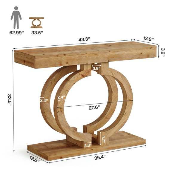 Finmind 43.3" Solid Wood Console Table with Double-Circle Base, Natural Farmhouse Entryway Narrow Sofa Accent Table for Hallway, Living Room