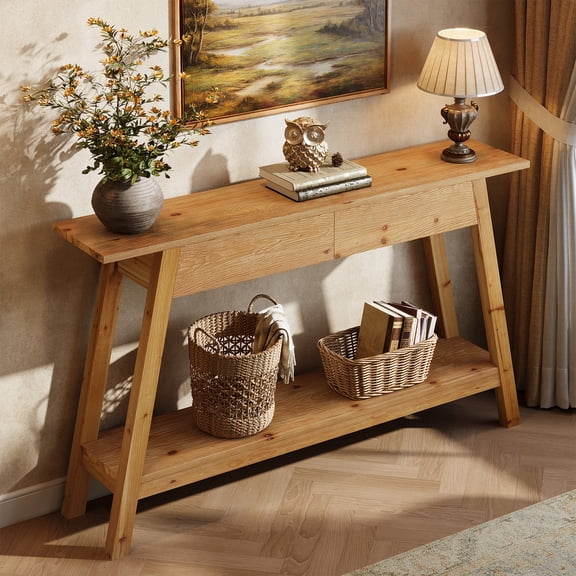Finmind 43.31" Solid Wood Console Table with 2 Drawers, 2-Tier Farmhouse Entryway Table with Open Shelf, for Hallway, Living Room, Light Brown