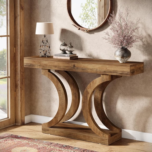 Finmind 43" Farmhouse Console Table, Curved Entryway Sofa Table with 2-Tier Storage, Brown