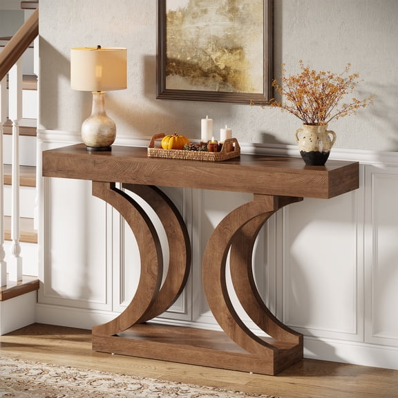 Finmind 43" Farmhouse Curved Console Table, 2-Tier Entryway Sofa Table with Unique Curved Legs for Living Room, Hallway, Behind Couch, Brown