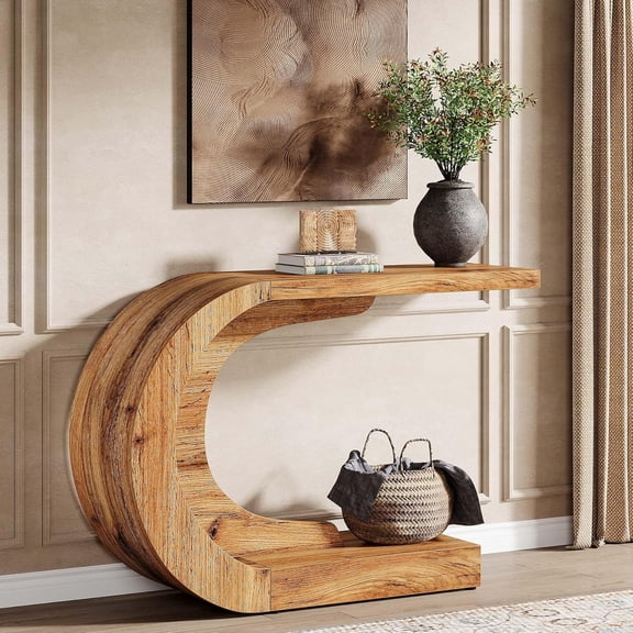 Finmind 43" Sofa Table Behind Couch, C-Shaped Console Table for Entryway, Farmhouse Entryway Table with Storage for Living Room, Hallway, Foyer, Easy Assembly, Natural Brown