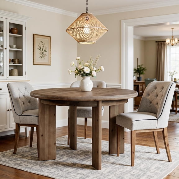 Finmind 47.2" Round Dining Table for 4-6, Solid Wood Farmhouse Kitchen Table with Thick 4-Pillar Legs, Circle Dining Table for Living Room