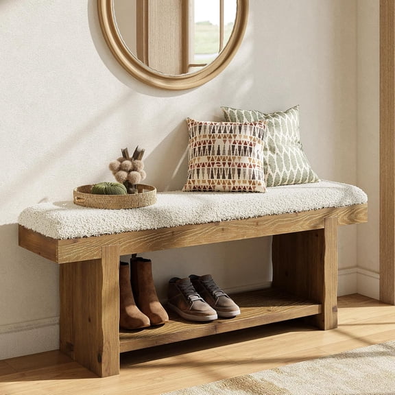 Finmind 47.2" Solid Wood Farmhouse Upholstered Entryway Bench with Storage Shelf, Rustic