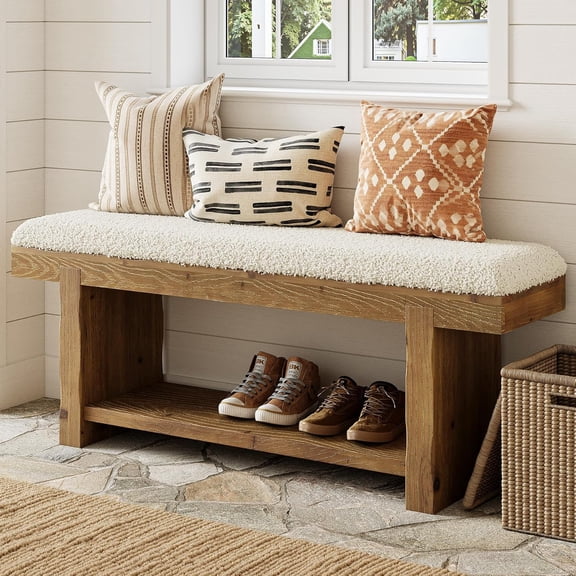 Finmind 47.2" Solid Wood Upholstered Entryway Bench with Storage, 2-Tier Farmhouse Bedroom Bench with Cushion for Mudroom, Hallway, Narrow Rustic