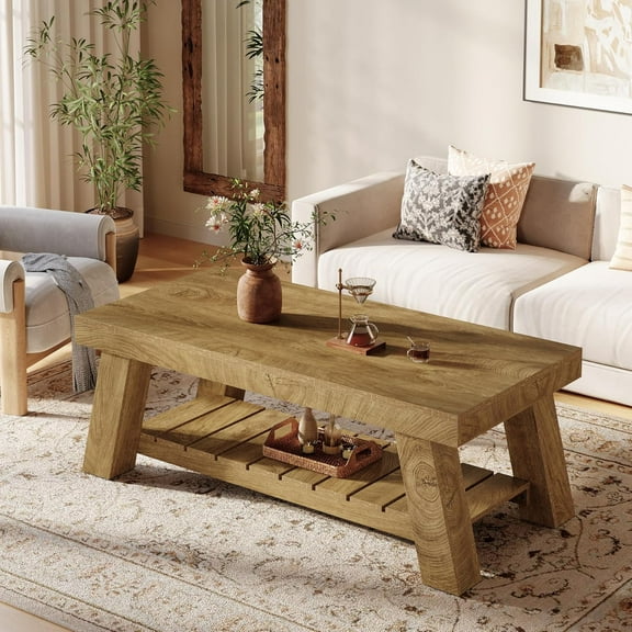 Finmind 47.24" Farmhouse Rectangular Coffee Table, 2-Tier Wood Center Table with Storage Shelves for Living Room or Apartment