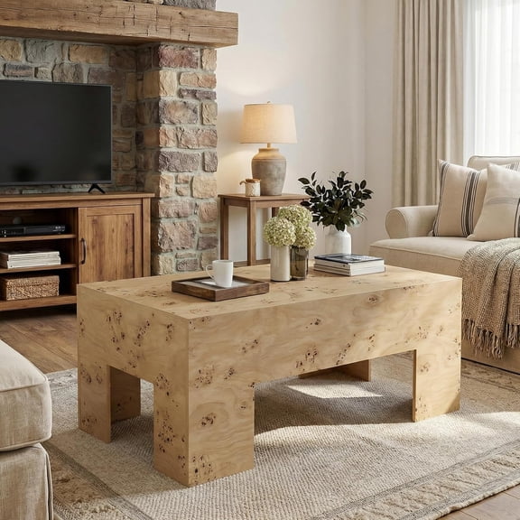 Finmind 47.24" Modern Coffee Table with Burl Wood Veneer, Low Rectangle Center Table with Sturdy Legs for Living Room, Office Reception, Easy Assembly, Natural