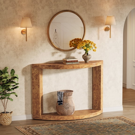 Finmind 47.24-inch Console Table for Entryway, 2-Tier Modern Half-Moon Entryway Table for Foyer, Hallway, Living Romm, Brown