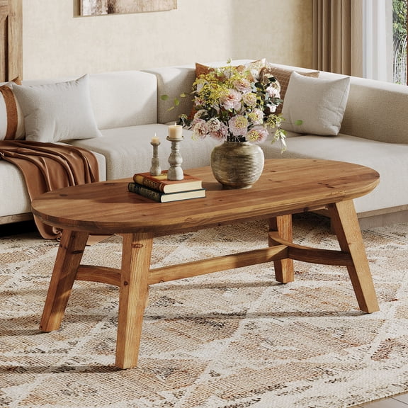 Finmind 47.24-inch Solid Wood Coffee Table, Farmhouse Oval Center Table with Sturdy Frame for Living Room and Office, Brown