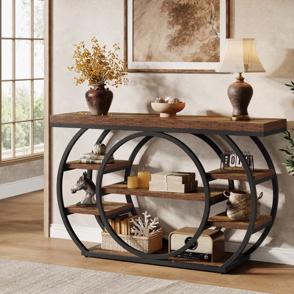 Finmind 47" 5-Tier Industrial Console Table, Narrow Entryway Sofa Table with Staggered Shelves & Metal Frame for Living Room, Hallway, Rustic Brown
