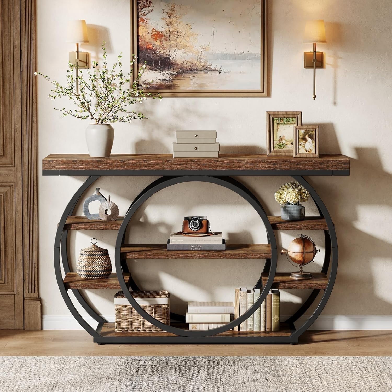 Finmind 47" Console Table, 5-Tier Industrial Entryway Table with Metal Frame, Narrow Sofa Table Behind Couch Accent Tables for Living Room, Hallway, Foyer, Rustic Brown