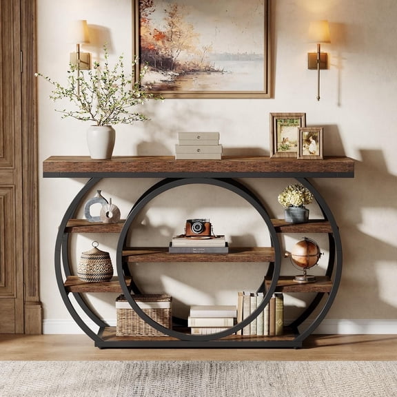 Finmind 47" Console Table, 5-Tier Industrial Entryway Table with Metal Frame, Narrow Sofa Table Behind Couch Accent Tables for Living Room, Hallway, Foyer, Rustic Brown