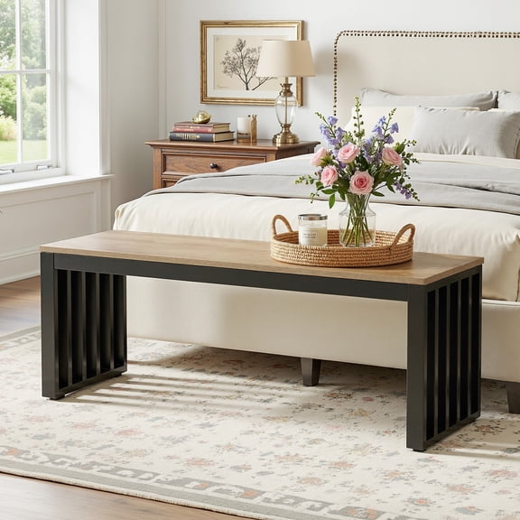 Finmind 47" End of Bed Bench, Industrial Indoor Entryway Bench for Foyer, Bedroom, Living Room, Brown and Black