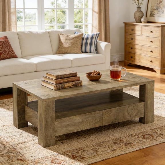 Finmind 47" Farmhouse Coffee Table with 2 Drawers & Open Shelf, Rectangular Wood Center Table for Living Room, Apartment, Rustic Brown