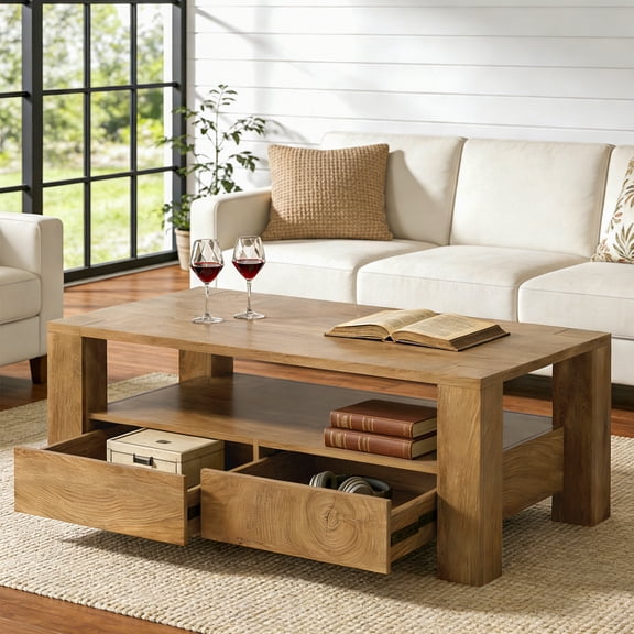 Finmind 47" Farmhouse Coffee Table with Storage, Wood Center Table with 2 Drawers & Open Shelf, Rustic Brown
