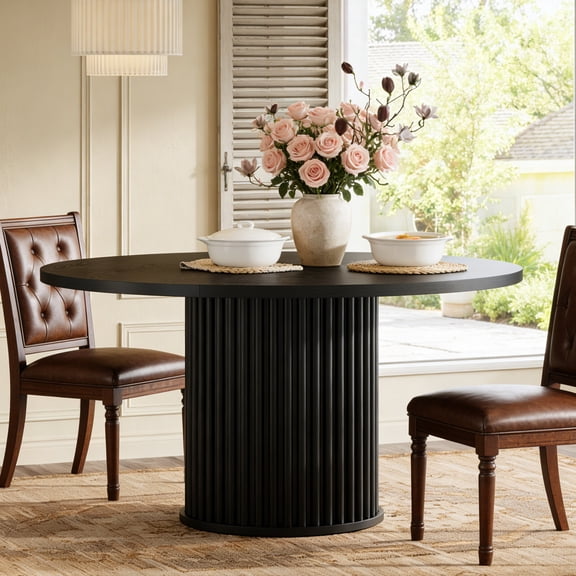 Finmind 47-Inch Black Round Dining Table for 4-6 with MDF Top and Metal Fluted Base, Sturdy Kitchen & Dining Room Furniture, Easy Assembly
