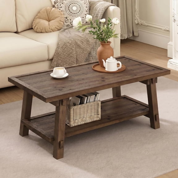 Finmind 47-Inch Solid Wood Coffee Table for Living Room, 2-Tier Wood Farmhouse Rectangle Center Table Tea Table with Storage, Vintage Brown