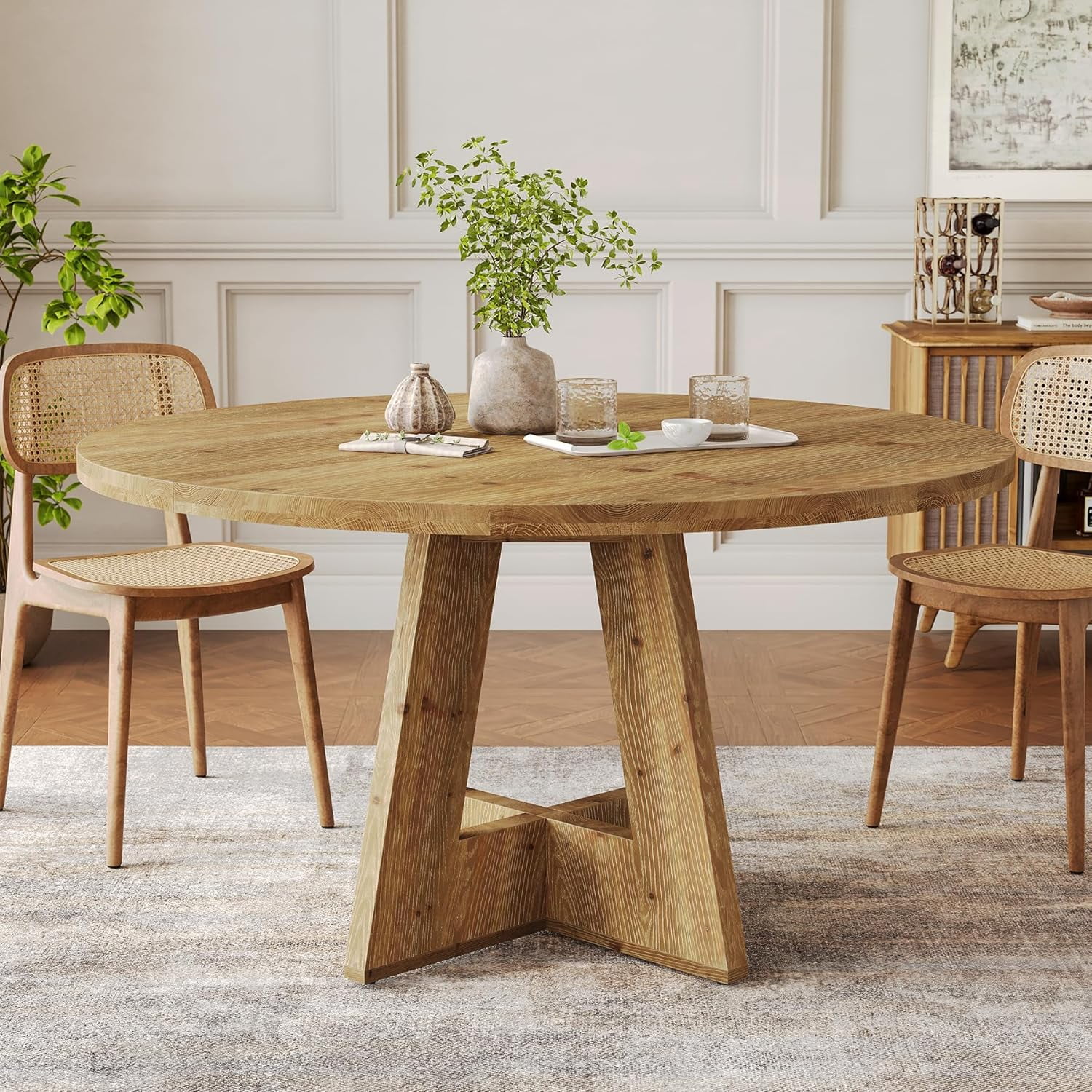 Finmind 47-Inch Solid Wood Round Kitchen Table for 4-6, Farmhouse Dining Table, Wooden Circle Dinner Table for Dining Room, Family Gathering