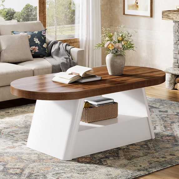 Finmind 47" Oval Coffee Table for Living Room, Wood Modern Center Table, Walnut