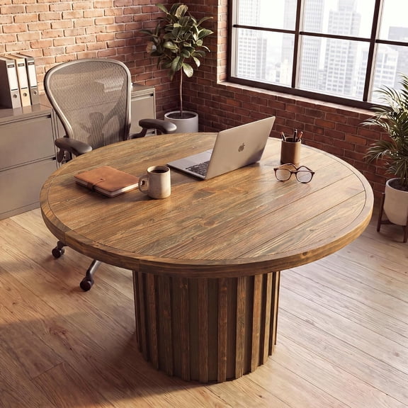 Finmind 47" Round Conference Table for 4-6, Solid Wood Office Table, Dark Brown