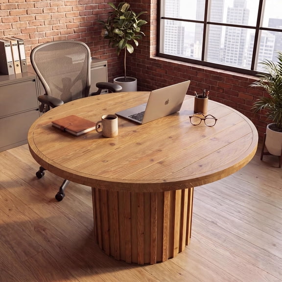 Finmind 47" Round Conference Table for 4-6, Solid Wood Office Table, Natural Brown