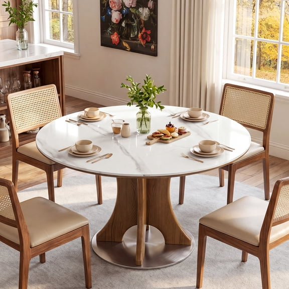 Finmind 47" Sintered Stone Dining Table, Solid Wood Round Kitchen Table with Sturdy Base, White and Walnut
