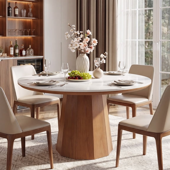Finmind 47 Sintered Stone Dining Table for 4-6, Solid Wood Round Kitchen Table, Round Dinner Table for Kitchen, Dining Room, White and Brown