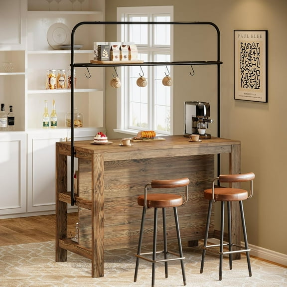 Finmind 47" Solid Wood Bar Table, 3-Tier Industrial Counter Height Pub Table for Kitchen, Brown