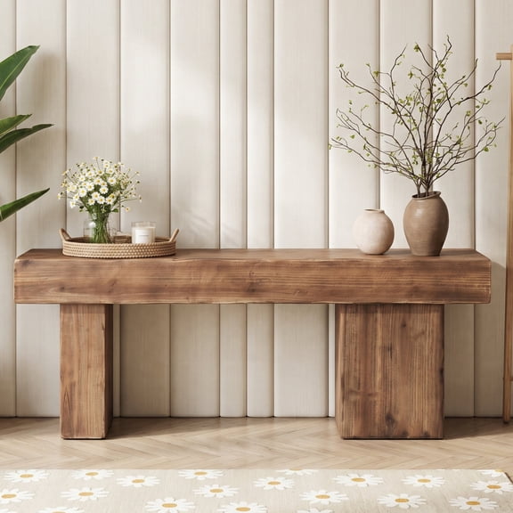 Finmind 47" Solid Wood Bench, Farmhouse Entryway Bench with Thickened Seat & Artistic Legs, Rustic Brown