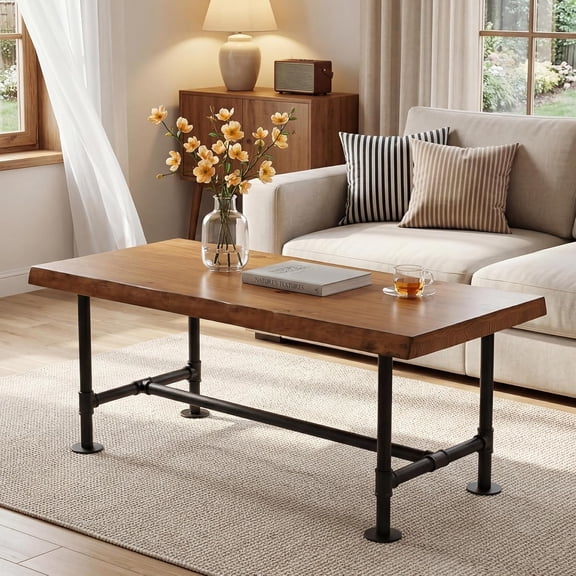 Finmind 47" Solid Wood Coffee Table, Farmhouse Rectangular Center Table Cocktail Tea with Metal Legs, Brown and Black