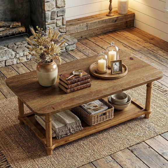 Finmind 47" Solid Wood Coffee Table, Rectangle Center Table with 2-Tier Storage, for Living Room, Brown