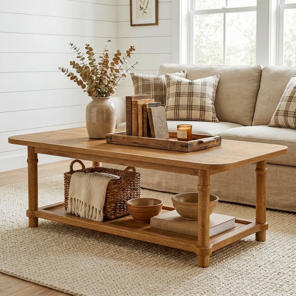 Finmind 47" Solid Wood Coffee Table, Rectangle Center Table with 2-Tier Storage, for Living Room, Light Brown
