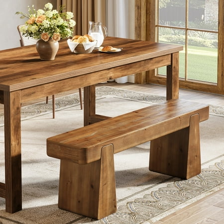 Finmind 47" Solid Wood Dining Bench for 2-3, Long Farmhouse Kitchen Bench for Dining Room, Kitchen, Brown