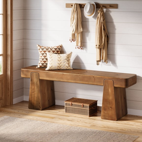 Finmind 47" Solid Wood Entryway Bench, Long Farmhouse Shoe Bench, Indoor Wooden Seating for Entry, Hallway, Living Room, End of Bed, Brown