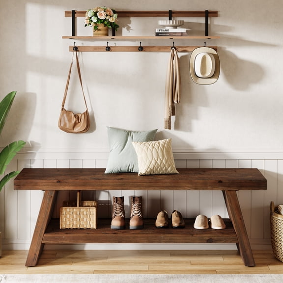Finmind 47" Solid Wood Entryway Shoe Bench, Farmhouse Foyer Seating with Open Shelves, 2-Tier End of Bed Bench for Living Room, Bedroom, Vintage Brown
