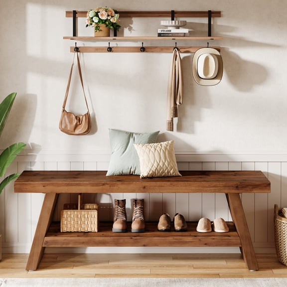 Finmind 47" Solid Wood Entryway Shoe Bench, Farmhouse Foyer Seating with Open Shelves, 2-Tier End of Bed Bench for Living Room, Bedroom, Rustic Brown