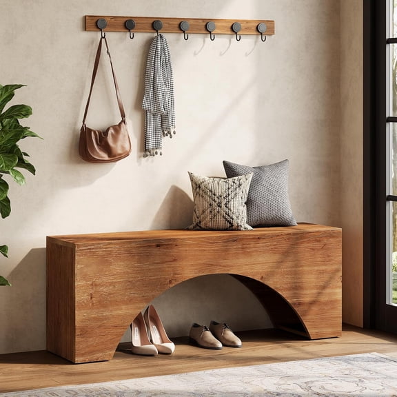 Finmind 47" Solid Wood Farmhouse Bench, Narrow Entryway Shoe Bench with Arched Legs, Brown