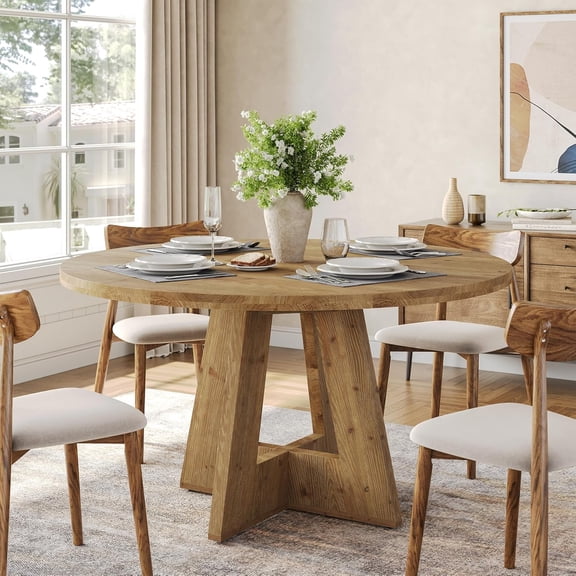 Finmind 47" Solid Wood Round Dining Table for 46, Farmhouse Kitchen Circle Table, Natural Brown
