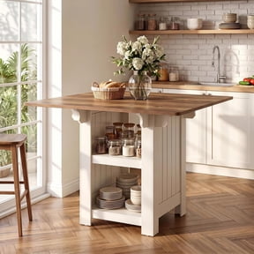 Finmind 47" Square Kitchen Island with Storage, Wood Kitchen Island with Open Storage Shelves, Counter Height Bar Table for Kitchen Dining Room, White & Brown