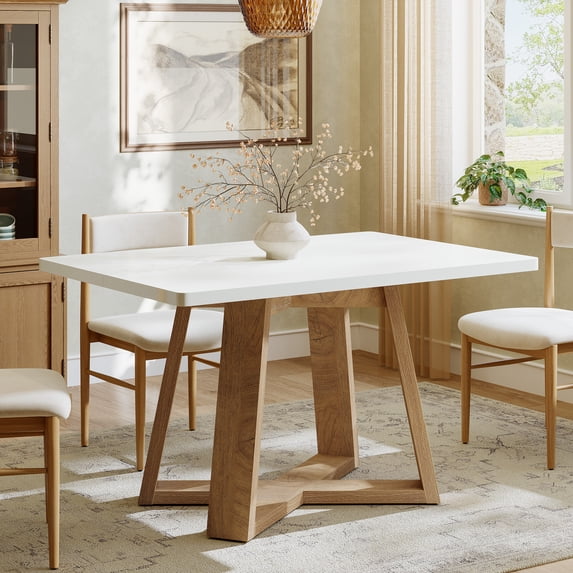 Finmind 47-inch Dining Table for 4 People, Modern Kitchen Table with Wooden Legs for Kitchen and Dining Room, Small Space, White and Brown
