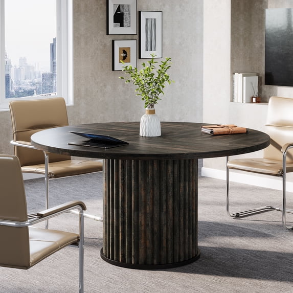 Finmind 47-inch Round Conference Table for 4-6 People, Wooden Meeting Table with Sturdy Metal Base for Conference Room, Black Brown