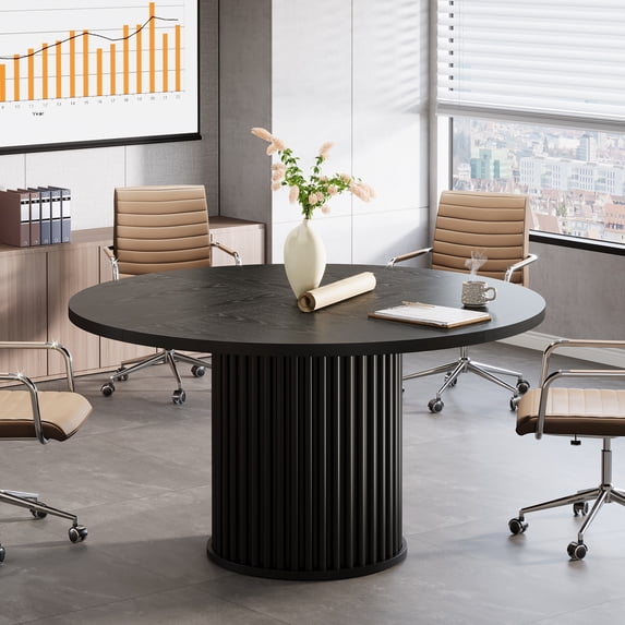 Finmind 47-inch Round Conference Table for 4-6 People, Wooden Meeting Table with Sturdy Metal Base for Conference Room, Black
