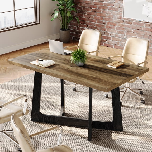 Finmind 47-inch Conference Table for 2-4 People, Industrial Office Meeting Table with Sturdy Metal Base, Easy to Assemble, Rustic Brown and Black