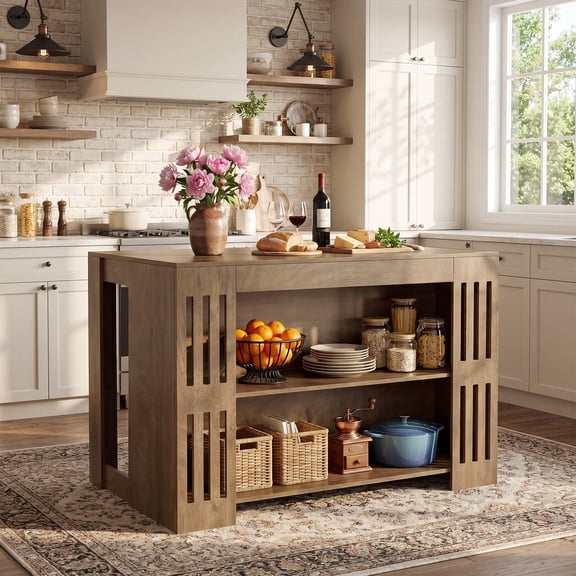 Finmind 55" Kitchen Island with Storage, Farmhouse Stationary Center Island Table with Spacious Worktop, 3-Tier Counter Height Bar Table for Dining Room, Kitchen, Brown