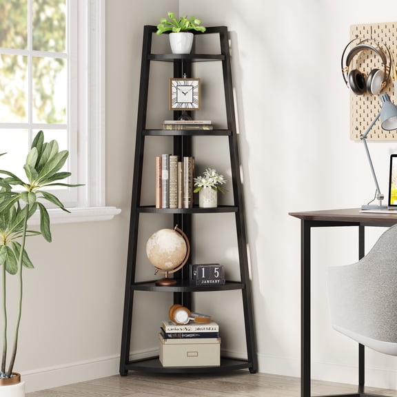 Finmind 5-Tier Corner Shelf, 70" Tall Industrial Corner Ladder Bookshelf for Small Space, Living Room, Bedroom, Black