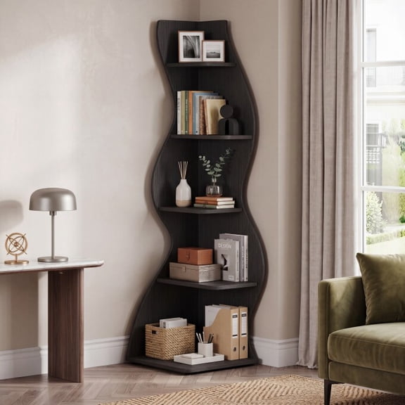 Finmind 5-Tier Corner Shelf, Modern Wavy Corner Bookshelf, Tall Bookcase Shelf for Living Room, Home Office, Bedroom (Black)