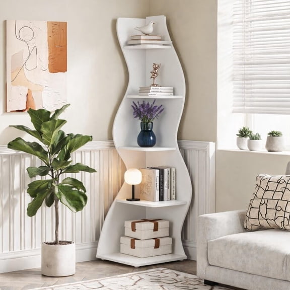 Finmind 5-Tier Corner Shelf, Modern Wavy Corner Bookshelf, Tall Bookcase Shelf for Living Room, Home Office, Bedroom (White)