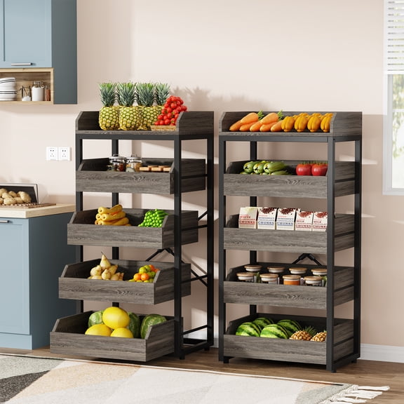 Finmind 5-Tier Fruit and Vegetable Storage Rack, 23.63 Inch Wood Pull-Out Snack Stand Fruit Basket Stand for Kitchen Set of 2, Grey