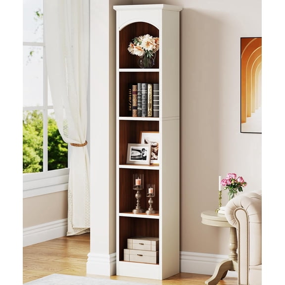 Finmind 5-Tier Narrow Bookshelf, 70.9 Inch Tall Modern Open Storage Cube Bookcase, Slim Freestanding Display Shelf Organizer for Living Room Home Office Bedroom, White & Oak