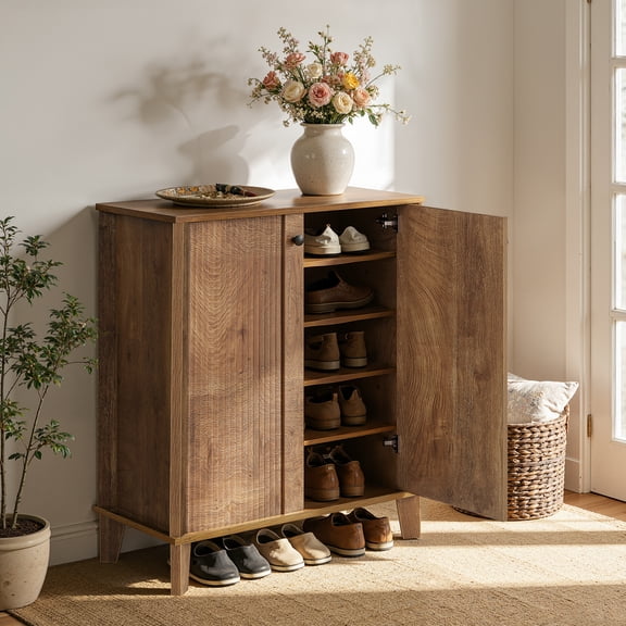 Finmind 5-Tier Shoe Cabinet for Entryway, Farmhouse Shoe Storage Cabinet for Living Room, Rustic Brown